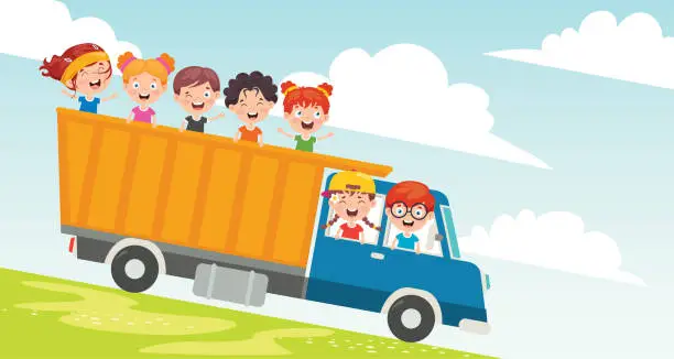 Vector illustration of Cartoon Characters Travelling With Vehicle