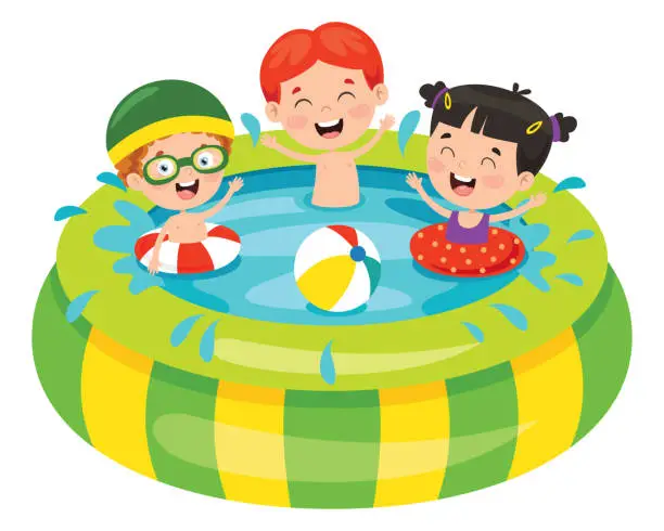 Vector illustration of Children Swimming In An Inflatable Pool