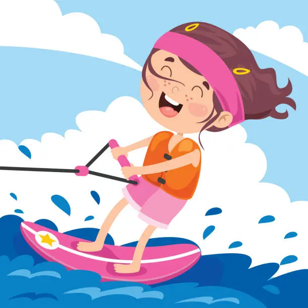 Vector illustration of Happy Cartoon Character Surfing At Sea