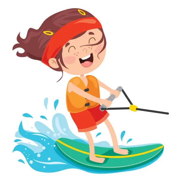 Vector illustration of Happy Cartoon Character Surfing At Sea