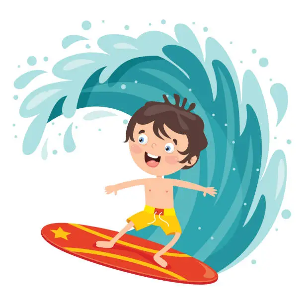 Vector illustration of Happy Cartoon Character Surfing At Sea