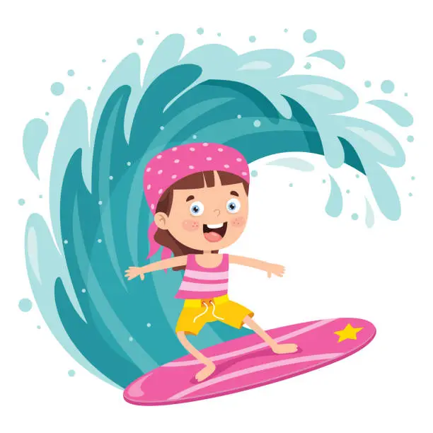 Vector illustration of Happy Cartoon Character Surfing At Sea