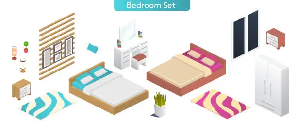 Vector illustration of Vector illustration of bedroom modern interior furniture set