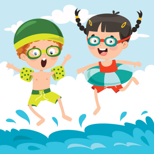 ilustraciones, imágenes clip art, dibujos animados e iconos de stock de personajes de dibujos animados saltando al agua - child jumping swimming nautical vessel