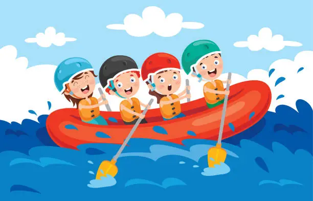 Vector illustration of Group Of Little Children Rafting