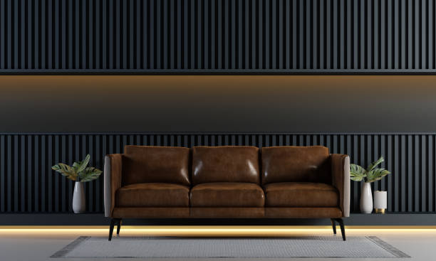 istock Stylish living room and wood panel wall background interior design 1251114945