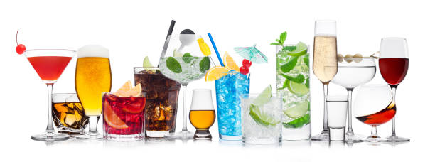 istock Various summer cocktails and strong alcohol drinks on white.Blue lagoon, martini, negroni, mojito, spritz, gimlet, cuba libre, cosmopolitan, margarita. 1251115768
