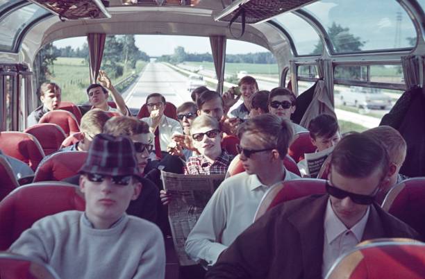 Transit Highway, East Germany (GDR), 1967. School trip of a berliner high school graduate class with a panoramic bus over the transit route through the GDR towards West Germany.