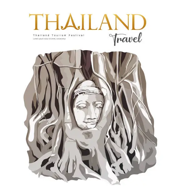 Vector illustration of Amazing, Buddha Head in Tree Roots Wat Mahathat, Ayutthaya Thailand. background