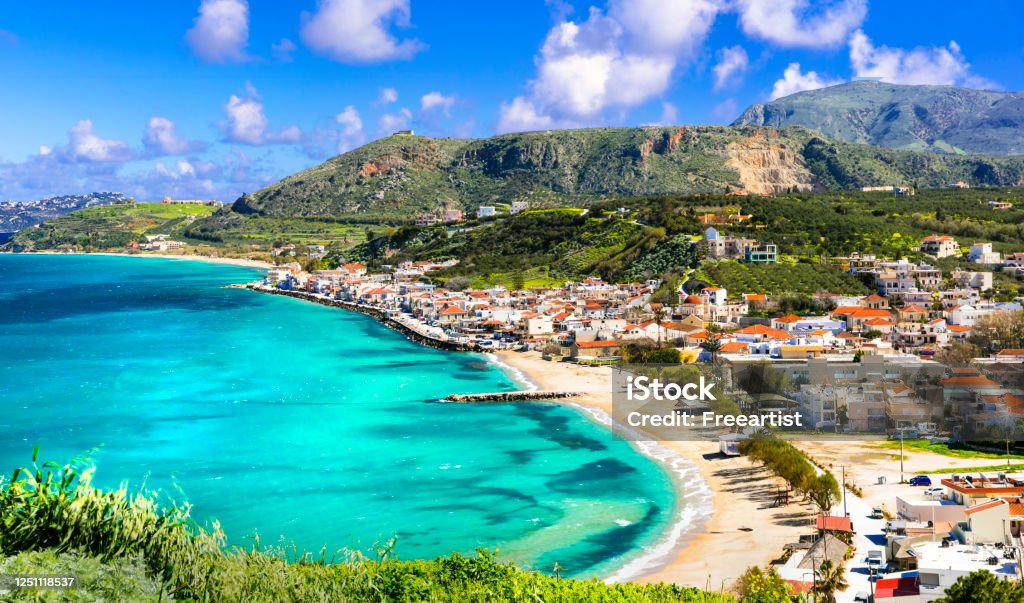 Stunning views of Kalyves bay and beach. Beautiful Crete island, Creece Crete Stock Photo