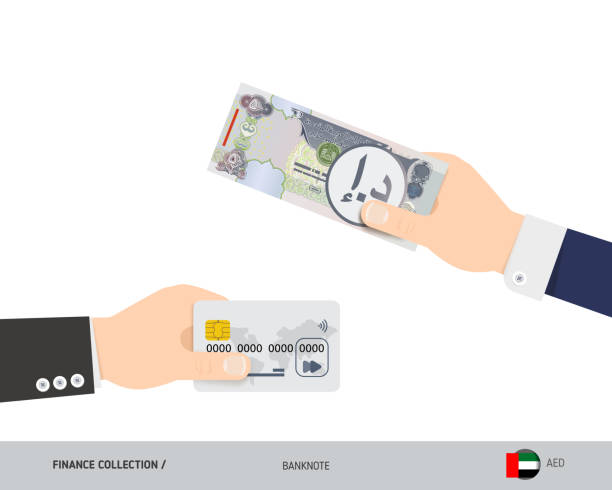 ilustraciones, imágenes clip art, dibujos animados e iconos de stock de entrega de la mano 500 dirham de los emiratos arabes unidos y tarjeta de crédito en su lugar. ilustración vectorial de estilo plano. concepto de financiación empresarial. - united arab emirates flag united arab emirates flag interface icons