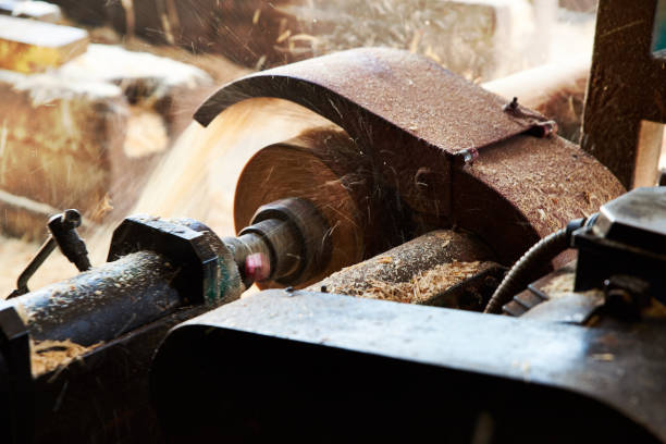 istock A saw machine cuts bark from wooden logs at a sawmill. 1251132396