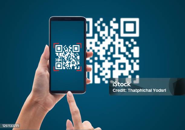 Hand Using Mobile Smart Phone Scan Qr Code On Blue Background Cashless Technology And Digital Money Concept Stock Photo - Download Image Now