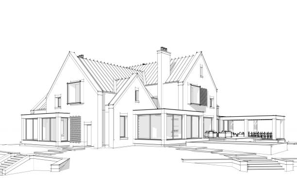 istock 3d rendering of modern clinker house on the ponds with pool black line on white background 1251133930