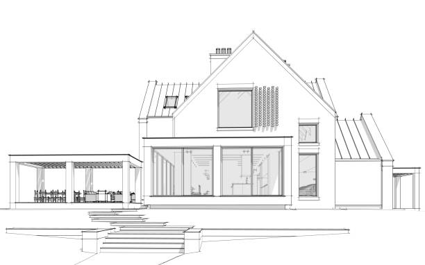 istock 3d rendering of modern clinker house on the ponds with pool black line on white background 1251133953