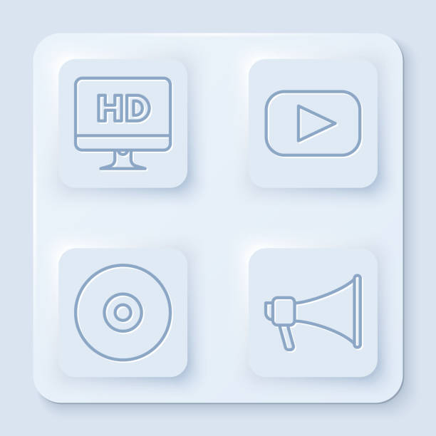 istock Set line Computer PC monitor with HD video technology , Play , CD or DVD disk and Megaphone . White square button. Vector 1251134110