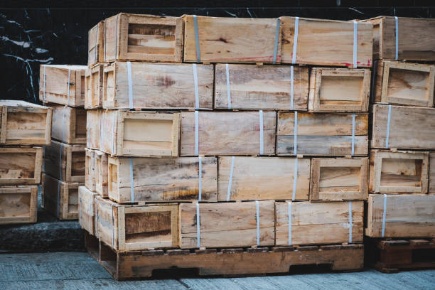 istock Chinese import, export goods in wooden boxes stacked on pallet 1251134129