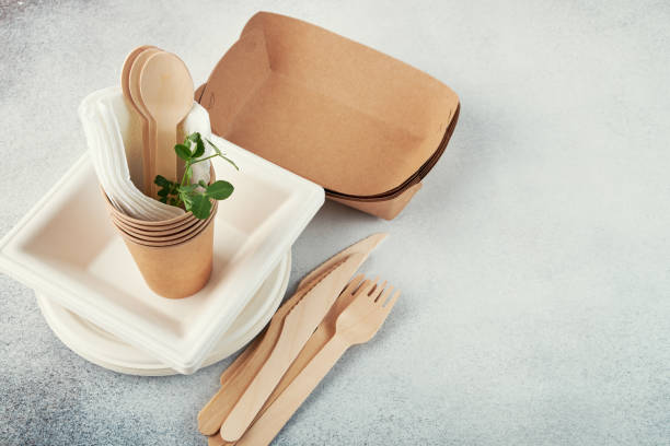 istock Biodegradable disposable tableware. Paper plates, cups, boxes. Wooden cutlery. 1251136788