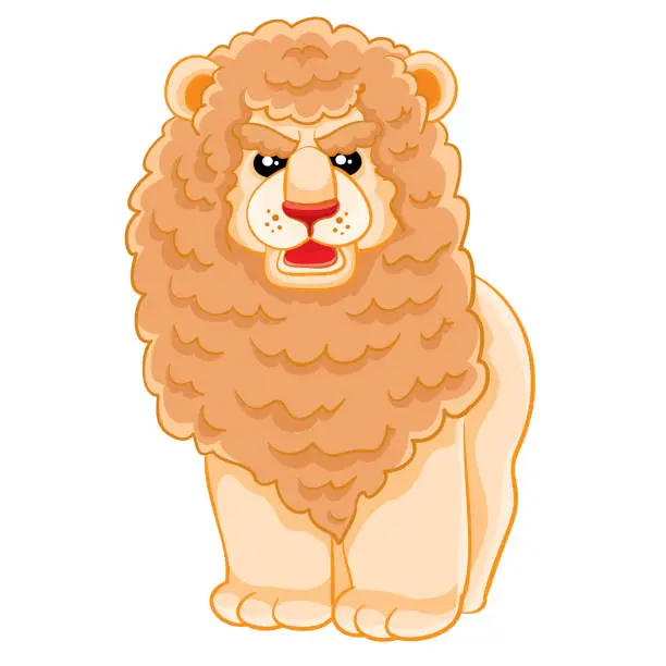 Vector illustration of cute lion with a big mane, cartoon illustration, isolated object on a white background, vector illustration,