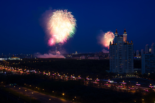 Fireworks in Victory park on Poklonnaya hill at night in Moscow. Russia, Moscow