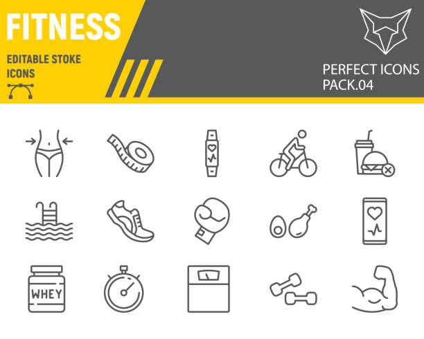 Fitness line icon set, sport symbols collection, vector sketches, logo illustrations, gym icons, fitness signs linear pictograms, editable stroke. Fitness line icon set, sport symbols collection, vector sketches, logo illustrations, gym icons, fitness signs linear pictograms, editable stroke fasting activity illustrations stock illustrations
