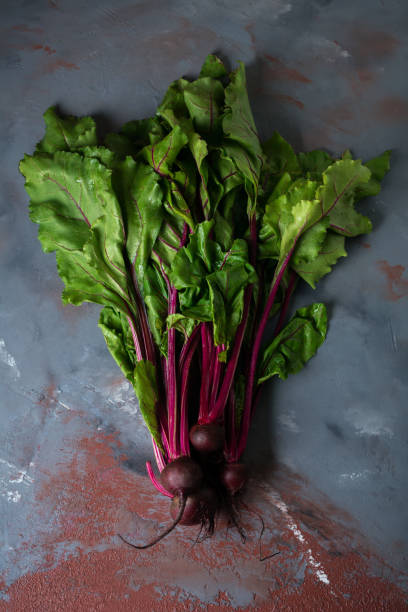 istock Fresh young organic beet on a gray concrete background. Selective focus. Top view. 1251141425