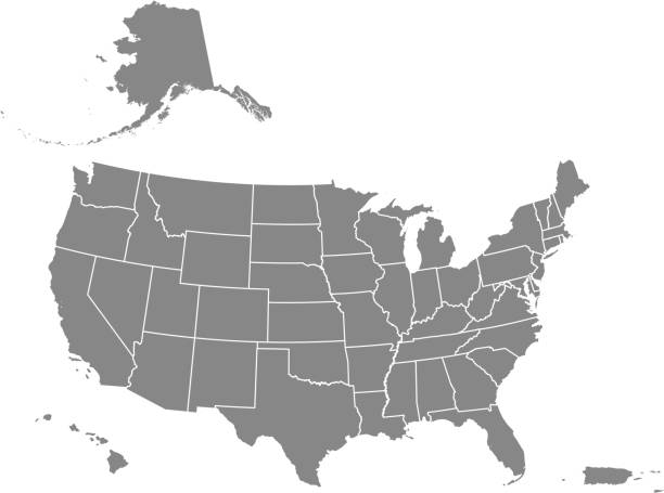 USA map states blank printable Downloadable map of United States of America. The spatial locations of Hawaii, Alaska and Puerto Rico approximately represent their actual locations on the earth. cartography stock illustrations