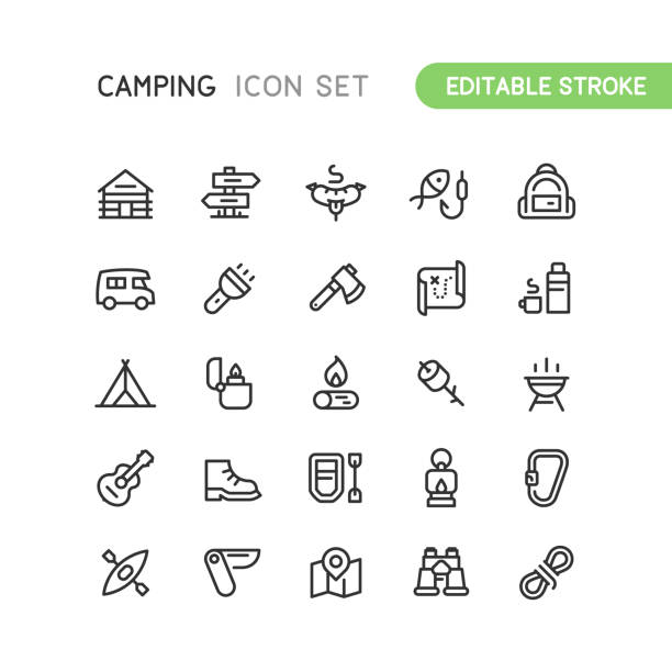 Outline Camping Icons Editable Stroke Set of camping outline vector icons. Every icon is grouped. Editable stroke. grill lighter stock illustrations