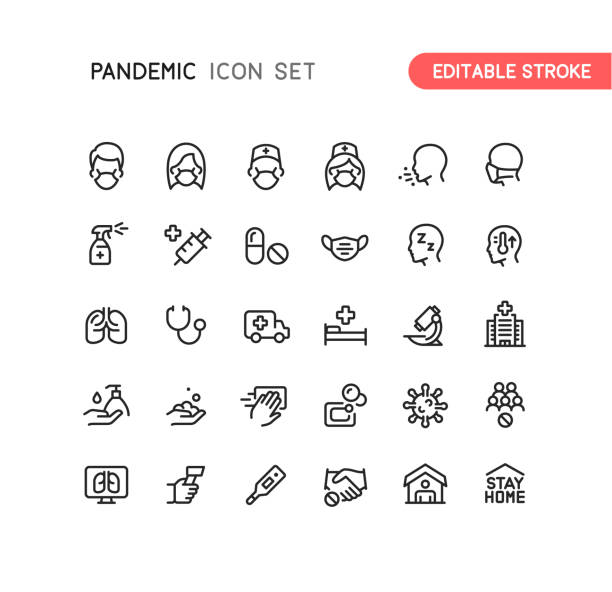 Pandemic Coronavirus Covid-19 Virus Prevention Icons Editable Stroke Set of pandemic outline vector icons. Every icon is grouped. Editable stroke. respiratory disease stock illustrations