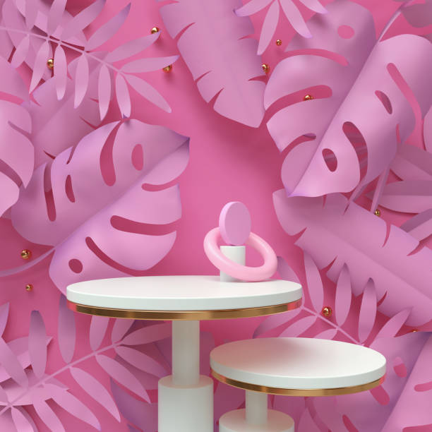 istock White podium stage display with pink tropical plants. 1251144993