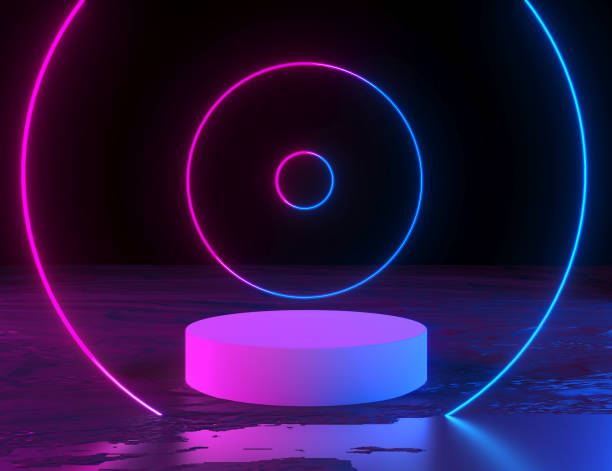 istock Blank product stand with neon light geometric. 1251145069