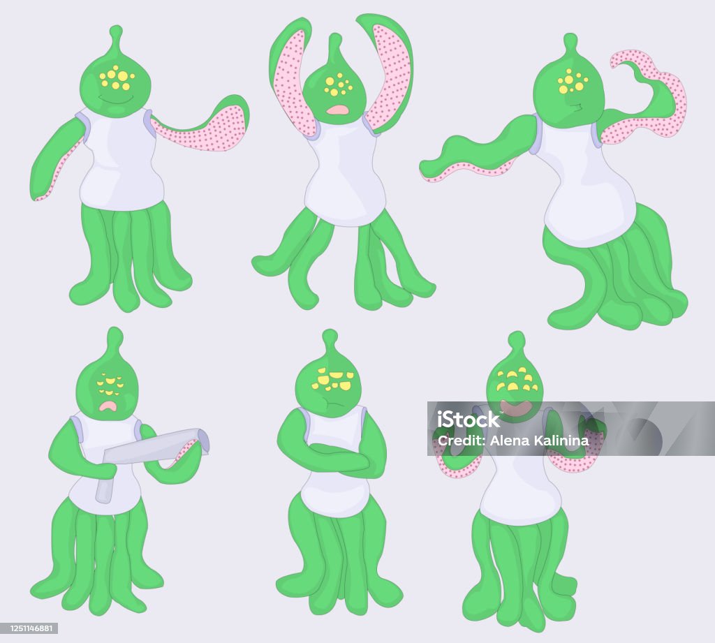 Alien Set Of Poses Of A Fantastic Character Funny Alien Sad Alien Stock  Illustration - Download Image Now - iStock