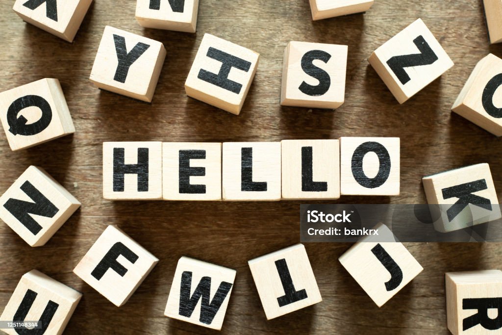 Letter block in word hello with another block on wood background Ahoy Center Rotterdam Stock Photo