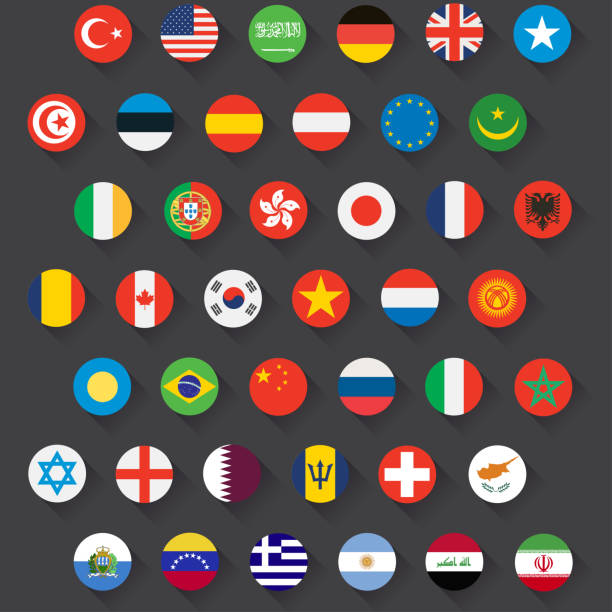 ilustraciones, imágenes clip art, dibujos animados e iconos de stock de banderas del mundo - vector redondo iconos planos y sombras de fondo oscuro. - bandera turquia