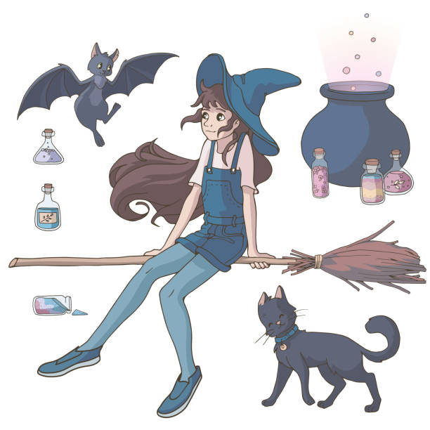 ilustraciones, imágenes clip art, dibujos animados e iconos de stock de bruja, gato negro, murciélago y varias botellas de poción, escoba mágica y caldero. - witch halloween cauldron bat