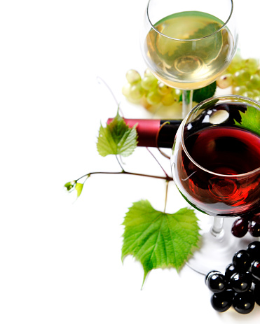 Glass of red and white wine on white background