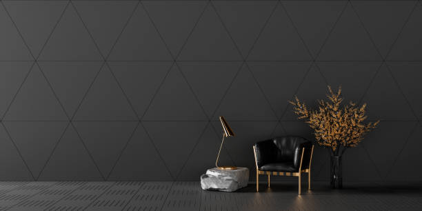 moderne wohnzimmer-inneneinrichtung mit schwarzem ledersessel und golddekoration 3d render - armchair chair leather black stock-fotos und bilder