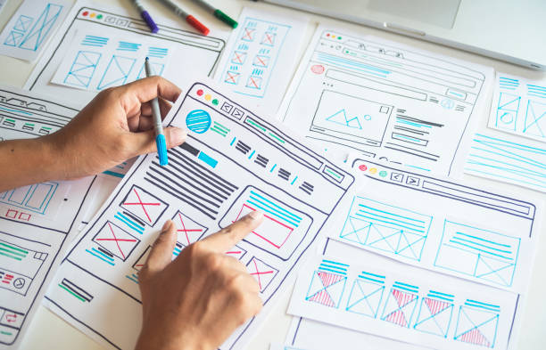 Website designer Creative planning application developer development draft sketch drawing template layout prototype framework wireframe design studio . User experience concept . diseñador de sitios web diseñador de aplicaciones de planificación creativa desarrollo de aplicaciones desarrollo de proyecto de dibujo de dibujo de diseño de plantilla de diseño de marco de estructura alámbrica studio . concepto de experiencia de us