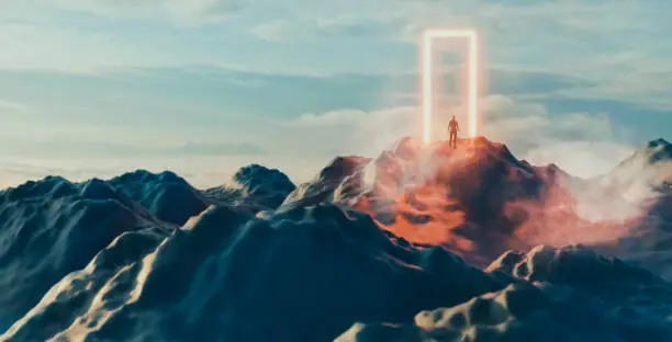 On top of a hill is a giant portal og glowing door. A man stands in front of it and is about to enter the unknown.
