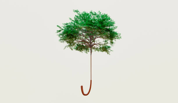 Climate change concept with umbrella taking the shape of a tree