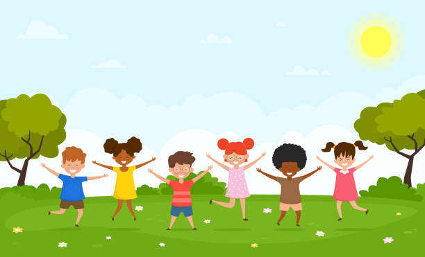 Happy children having fun in nature. Boys and girls are playing together in outside. Happy children having fun in nature. Multiracial boys and girls are playing together in outside. Vector illustration. cartoon of the summer for kids stock illustrations
