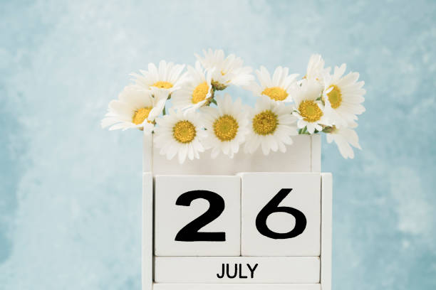 istock White cube calendar for july decorated with daisy flowers with copy space 1251158263