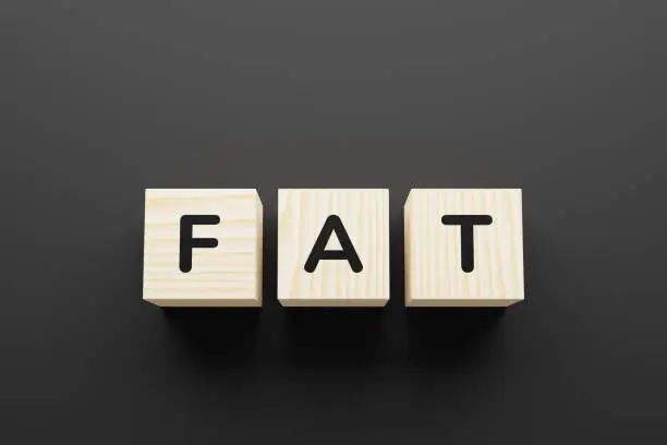 Photo of FAT word on wooden blocks on gray background.