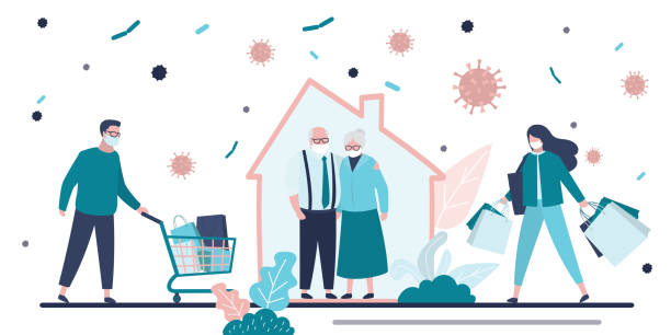 illustrazioni stock, clip art, cartoni animati e icone di tendenza di resta a casa concetto. anziani sani a casa. aiuto per gli anziani durante la quarantena. nonni all'autoisolamento. - senior adult aging process supermarket shopping