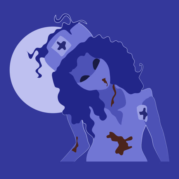 Creepy dead ghost nurse illustration. Flat style. Creepy dead ghost nurse illustration. Flat style. Night sky moon. haunted asylum stock illustrations