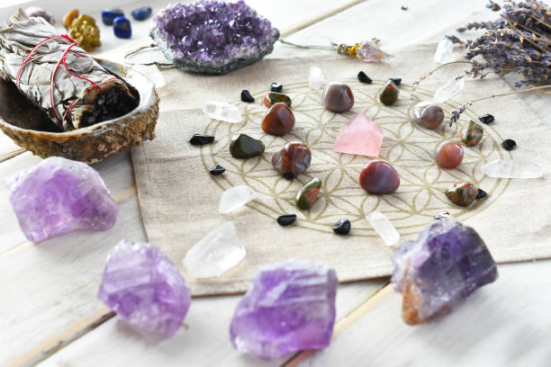 self love crystal grid and white sage - reiki alternative medicine chakra recovery imagens e fotografias de stock