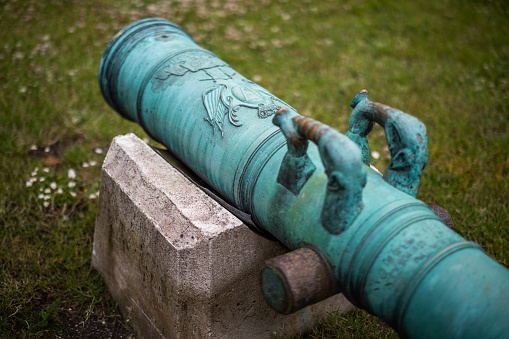 Old bronze cannon from the 18th century in the Citadel, Copenhagen. Denmark.