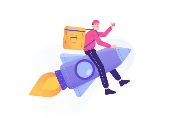 Express delivery concept. Delivery man or courier guy flying on a jet rocket with urgent order with big bag. Express delivery service. Isolated modern vector illustration vector art illustration