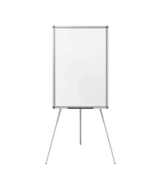 Vector illustration of Flipchart easel, vector mock-up. Magnetic whiteboard. Tripod flip chart blank white board, mockup