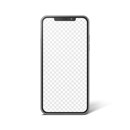 Smartphone with blank transparent screen, realistic mockup. Modern frameless phone, vector template for web or mobile app design.